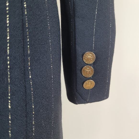 VTG Rickie Freeman Teri John Blazer Jacket 2 Black Wool Pinstripes Gold Longline - Picture 7 of 16